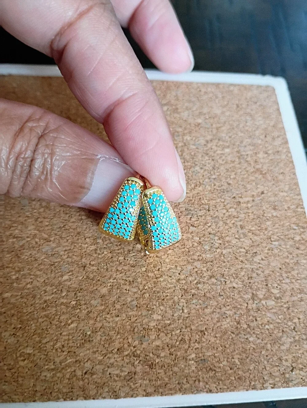 New Gold Tone Hoop Earrings with Turquoise Pave Accent